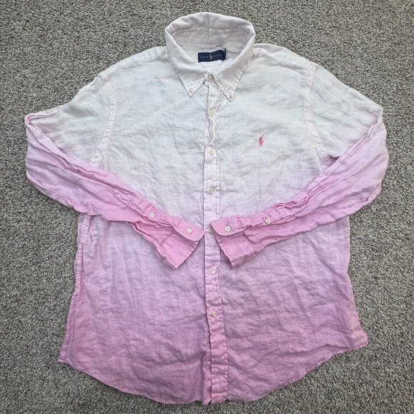 Polo Ralph Lauren Mens XL Ombre Pink 100% Linen L/S Button Down Shirt Logo Beach - Picture 1 of 7
